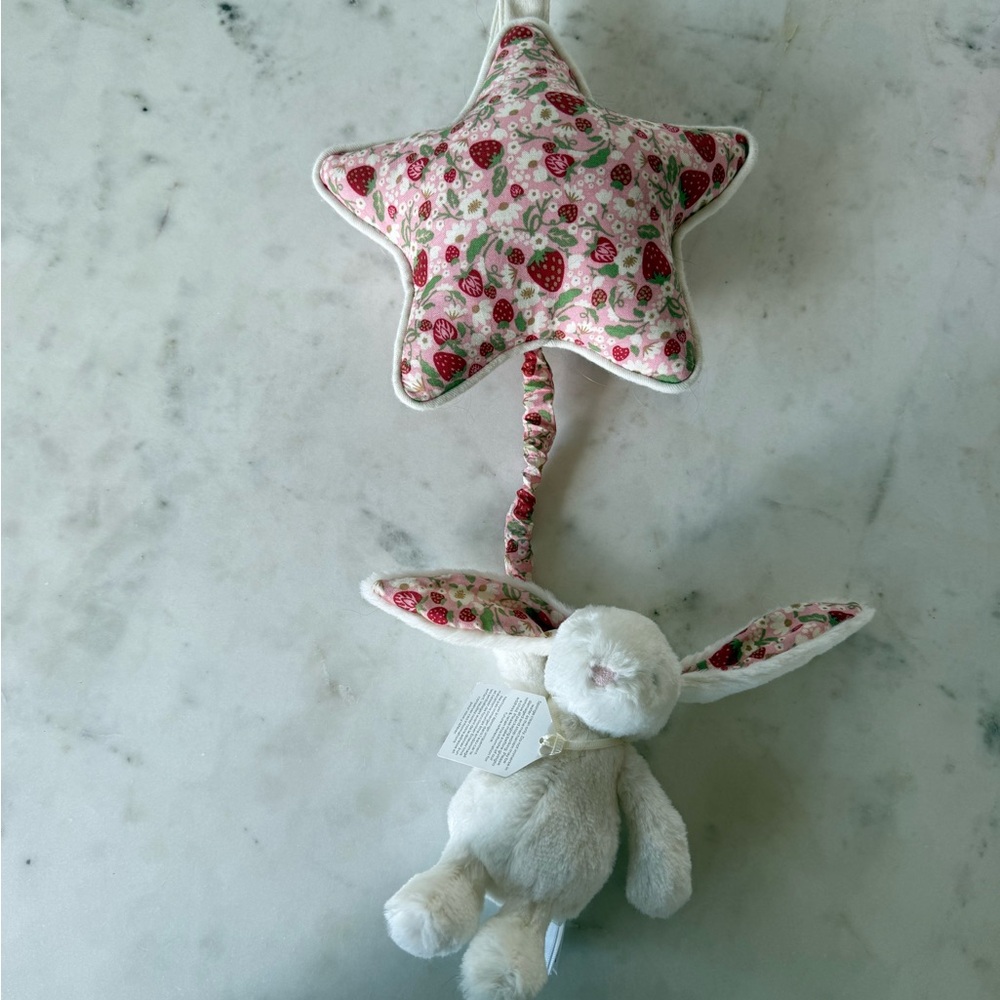 Jellycat White Bunny with Pink Strawberry Star Music Baby Toy - Picture 3 of 3